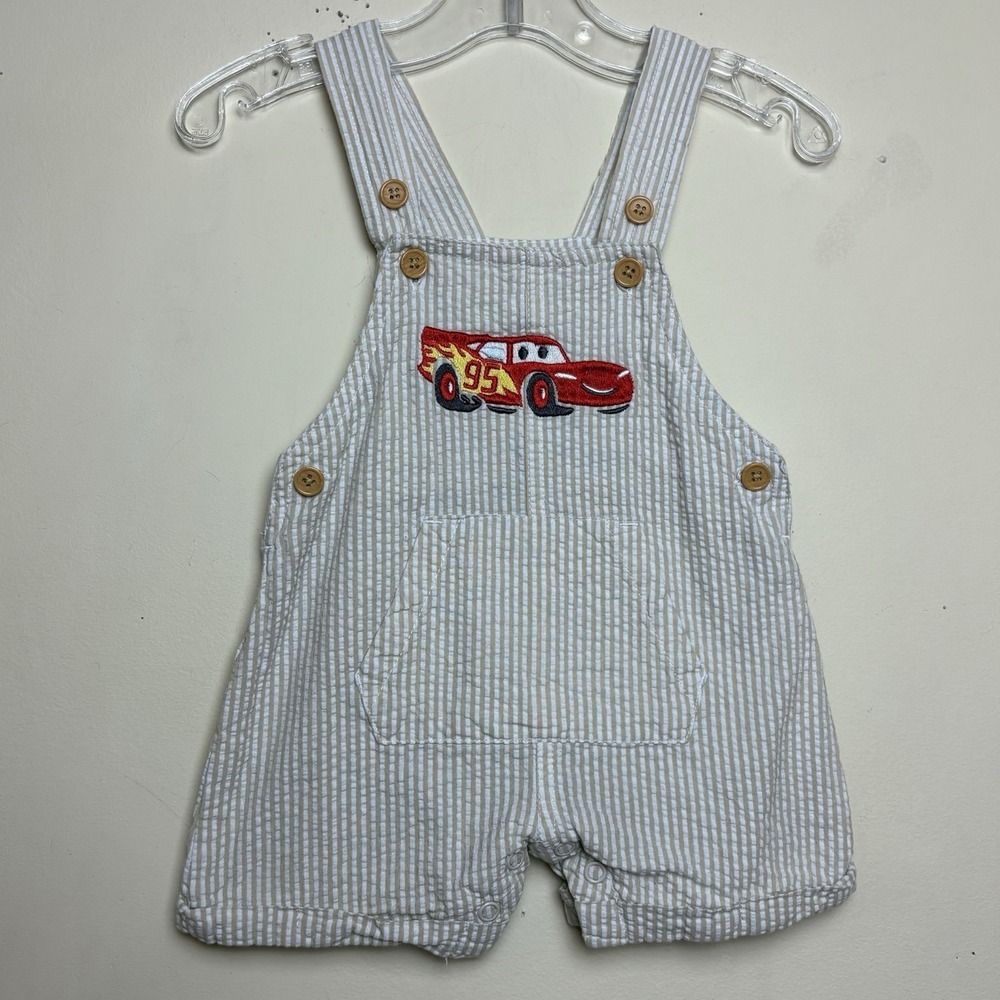 Disney Baby Overalls 0-3M Embroidered Lightning McQueen Pixar Cars Seersucker